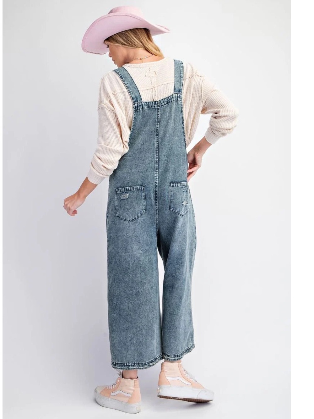 NWT: Easel Distressed Oversized Denim Cropped Wide Leg Jumper Overalls• Small - Picture 3 of 7